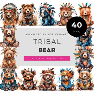 Tribal Bear Watercolor Clipart Set, Boho Woodland Animal Illustrations, Cute Native Style Bear Art for Nursery Decor and Creative Projects