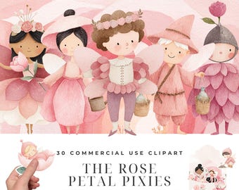 Rose Petal Pixies Clipart Bundle, Watercolor Tiny Fairy Illustrations, Bumblebee Rider PNG, Magical Pink Flower World Designs Download