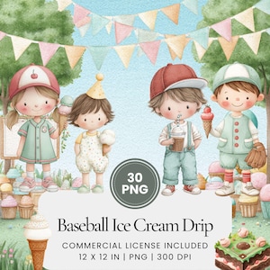 May include: A digital illustration of four cartoon children with ice cream cones, dressed in baseball-themed outfits. The image includes the text "Baseball Ice Cream Drip". The background features bunting and a variety of ice cream treats.