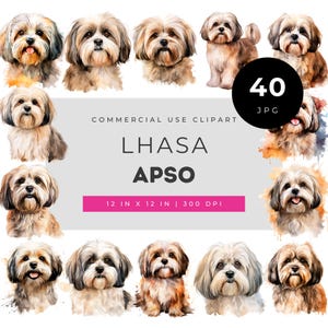 Lhasa Apso Watercolor Clipart Set, Cute Dog Illustration for Pet Lovers, Small Breed Puppy Art for Stickers, Prints & Gifts