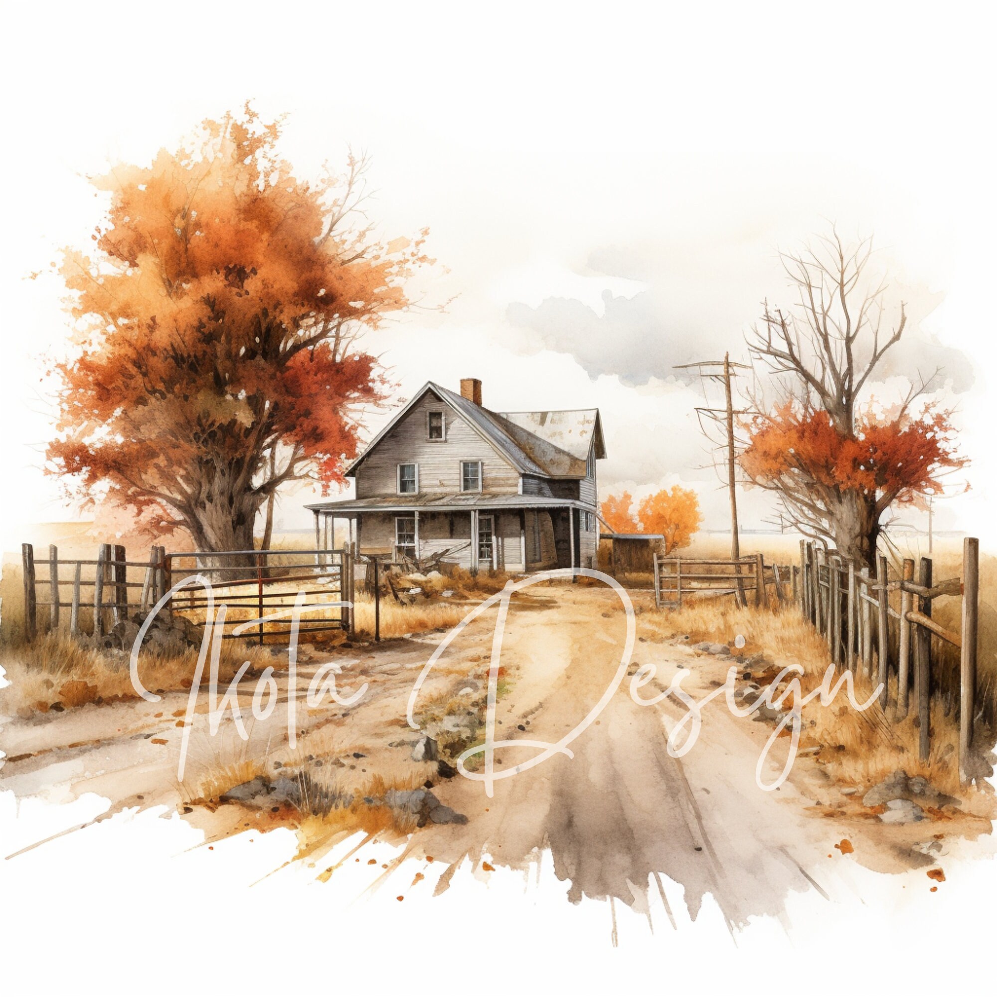 Fall Farmhouse Watercolor Clipart Set, Autumn Country Road Scenes With ...