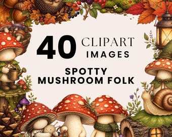 Spotty Mushroom Folk Clipart, Toadstool PNG, Woodland Forest Illustrations, Watercolor Fall Mushroom Bundle, Hedgehog Acorn Fairy Art