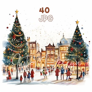 Boże Narodzenie światła miasta clipart-40 wysokiej jakości JPG-cyfrowe planowanie, dziennik śmieci, akwarela, sztuka ścienna, wykorzystanie komercyjne, cyfrowe
