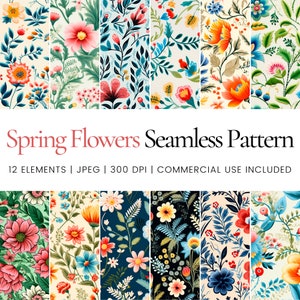 Puede incluir: Un conjunto de 12 patrones sin costuras con flores de primavera coloridas en varios estilos. Los patrones son perfectos para proyectos digitales e impresos, como telas, papel tapiz y papelería.