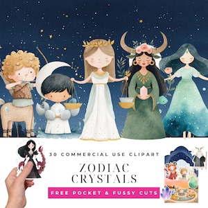 Puede incluir: Ilustración en acuarela con signos del zodiaco y cristales. La imagen incluye figuras que representan Sagitario, Libra y Tauro, con un fondo azul oscuro estrellado. El texto dice "Zodiac Crystals" y "30 Commercial Use Clipart".