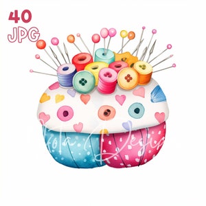 裁縫ピン クッション クリップアート - 40 枚の高品質 JPG - デジタル プランナー、ジャンク ジャーナリング、水彩画、ウォール アート、商用利用、デジタル ダウンロード