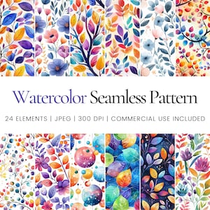 Puede incluir: Un conjunto de 24 patrones sin costuras de acuarela con varios diseños florales y de hojas. Los patrones están en una variedad de colores, incluyendo azul, verde, amarillo, naranja y rojo. Los patrones son perfectos para usar en proyectos digitales e impresos.