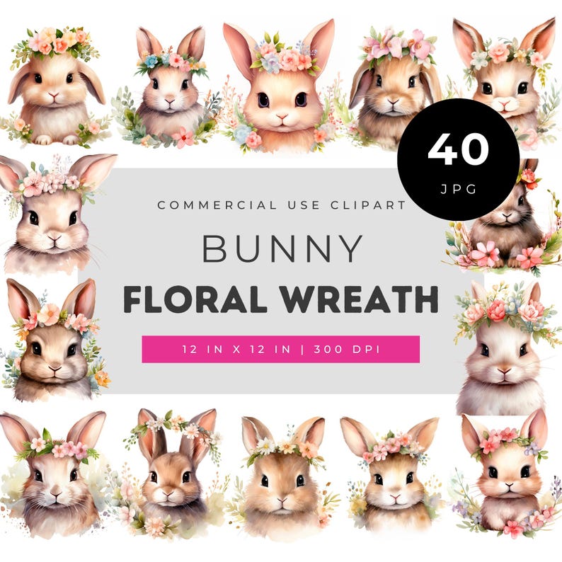 Bunny Floral Wreath Clipart, Cute Easter Rabbit Art, Watercolor Bunny ...