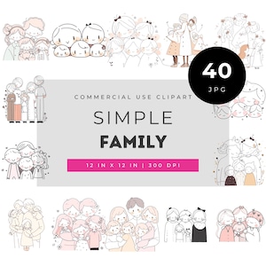 Simple family clipart set minimal line art parents kids bundle cute outline illustrations for cards crafts projects jpg pack