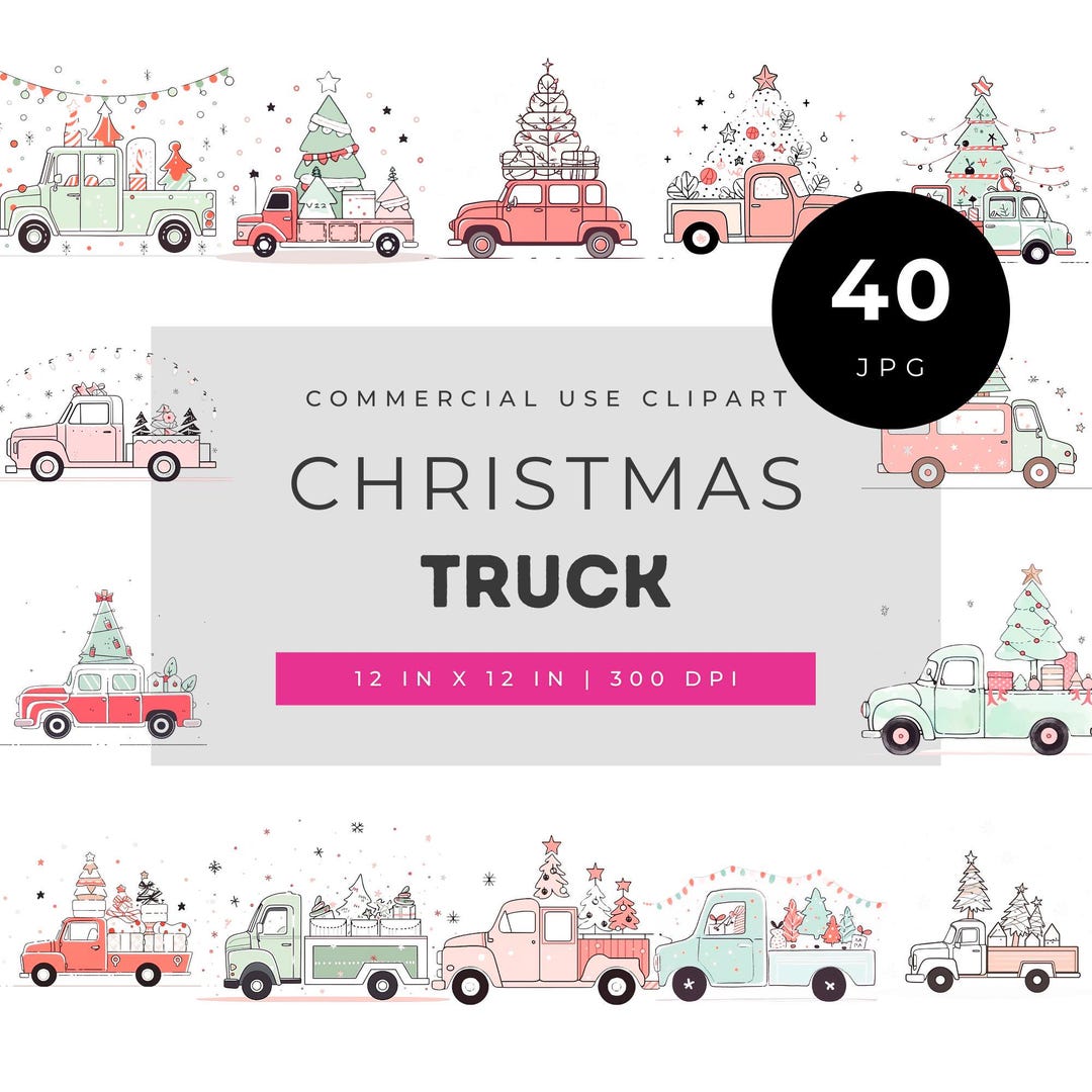 Christmas Truck Clipart Set, Pastel Pink and Mint Retro Trucks Carrying ...