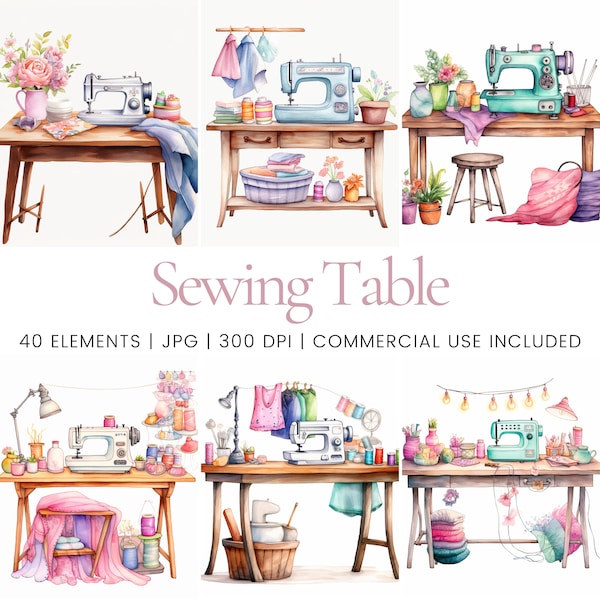 Sewing Table Clipart - 40 High Quality JPG - Digital Planner, Junk Journaling, Watercolor, Wall Art, Commercial Use, Digital Download, Mugs