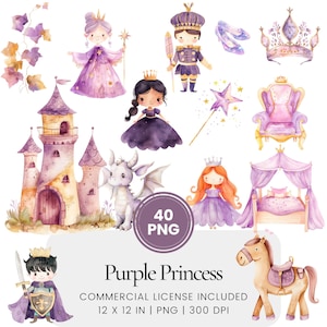 Lila Prinzessin Pack Clipart - 40 hochwertige PNGs - Digitaler Planer, Junk Journaling, Aquarell, Wandkunst, kommerzielle Nutzung, Tassen, Kinder