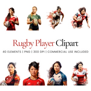 Female Rugby Player Clipart - 40 High Quality PNGs - Digital Planner, Junk Journaling, Watercolor, Commercial Use, Digital Download