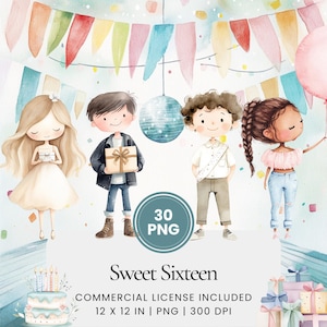 Sweet Sixteen Clipart - 30 PNG - Digitale planner, junk journaling, commercieel gebruik, sublimatie, scrapbooking, kaarten, stickers, mokken, scène