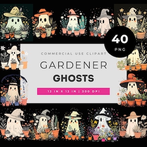 Gardener ghost clipart bundle, cute halloween plant ghost png set, spooky garden character art, floral pot witch ghost illustration pack
