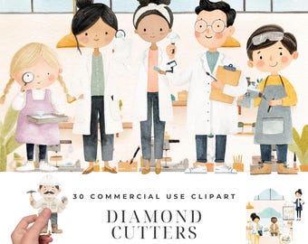 Diamond Cutters Gem Lab Clipart Bundle, Watercolor Gemologist Illustrations, Loupe Rough Stone, Jewelry Science Characters Designs Download