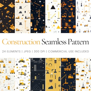 Puede incluir: Una colección de patrones de construcción sin costuras con equipos y elementos de construcción amarillos y negros. Los patrones incluyen grúas, camiones y otros iconos relacionados con la construcción. Se muestra el texto "Construction Seamless Pattern".