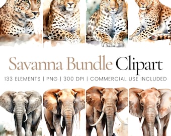 Savanna Animals Bundle, Watercolor Savanna Animals, Savanna Animals Clip Art , Animals Clip Art, Commercial Use, Instant Download, PNG