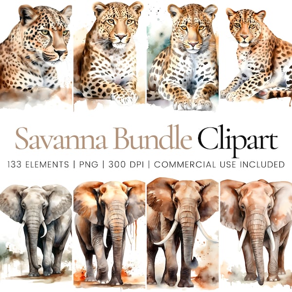Savanna Animals Bundle, Watercolor Savanna Animals, Savanna Animals Clip Art , Animals Clip Art, Commercial Use, Instant Download, PNG