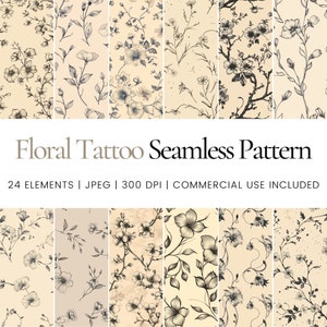 Floral Tattoo Seamless Repeat Pattern, Digital Papers, Background, Tumbler Wrap, Printable, Commercial Use, Mugs, Apparel, Decor, Journal