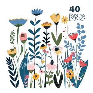 Folk Flowers Clipart - 40 PNGs van hoge kwaliteit - Digitale Planner, Junk Journaling, Aquarel, Muurkunst, Commercieel Gebruik, Digitale Download