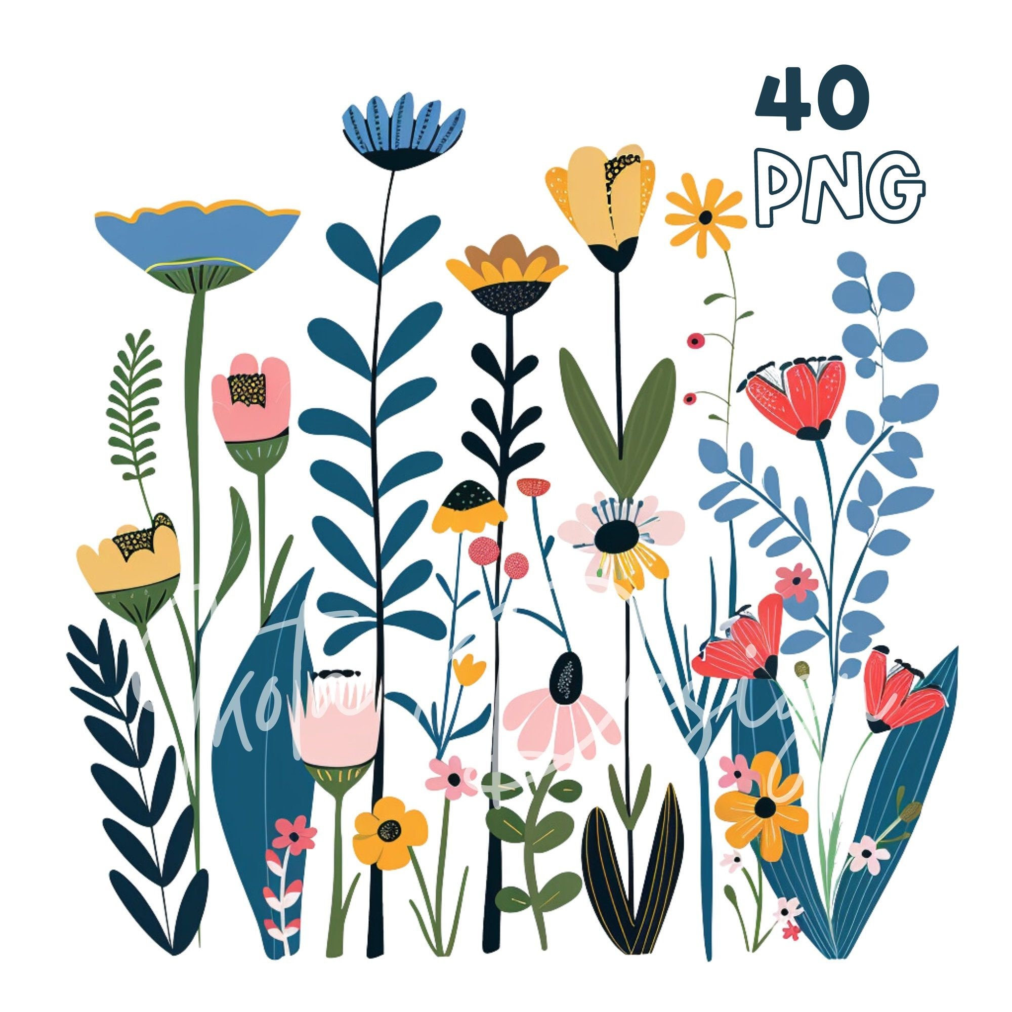 Folk Flowers Clipart - 40 High Quality PNGs - Digital Planner, Junk Journaling, Watercolor, Wall Art, Commercial Use, Digital Download