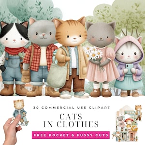 Puede incluir: Ilustración en acuarela de cinco gatos antropomórficos con varios atuendos. Los gatos son de varios colores, incluyendo blanco y negro, gris y naranja. La imagen incluye el texto "CATS IN CLOTHES" y "30 COMMERCIAL USE CLIPART".
