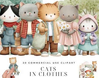 Könnte beinhalten: Aquarellillustration von fünf anthropomorphen Katzen in verschiedenen Outfits. Die Katzen haben verschiedene Farben, darunter Schwarz-Weiß, Grau und Orange. Das Bild enthält den Text "CATS IN CLOTHES" und "30 COMMERCIAL USE CLIPART".