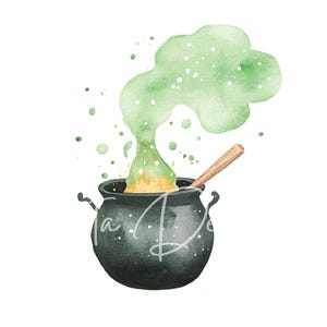 May include: A black cauldron with a wooden spoon inside, filled with green liquid that is bubbling and steaming. The steam is green and white.