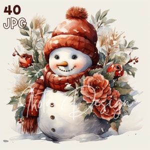 Christmas Snowman & Flowers Clipart - 40 High Quality JPGs - Digital Planner, Junk Journaling, Watercolor, Commercial Use, Digital Download