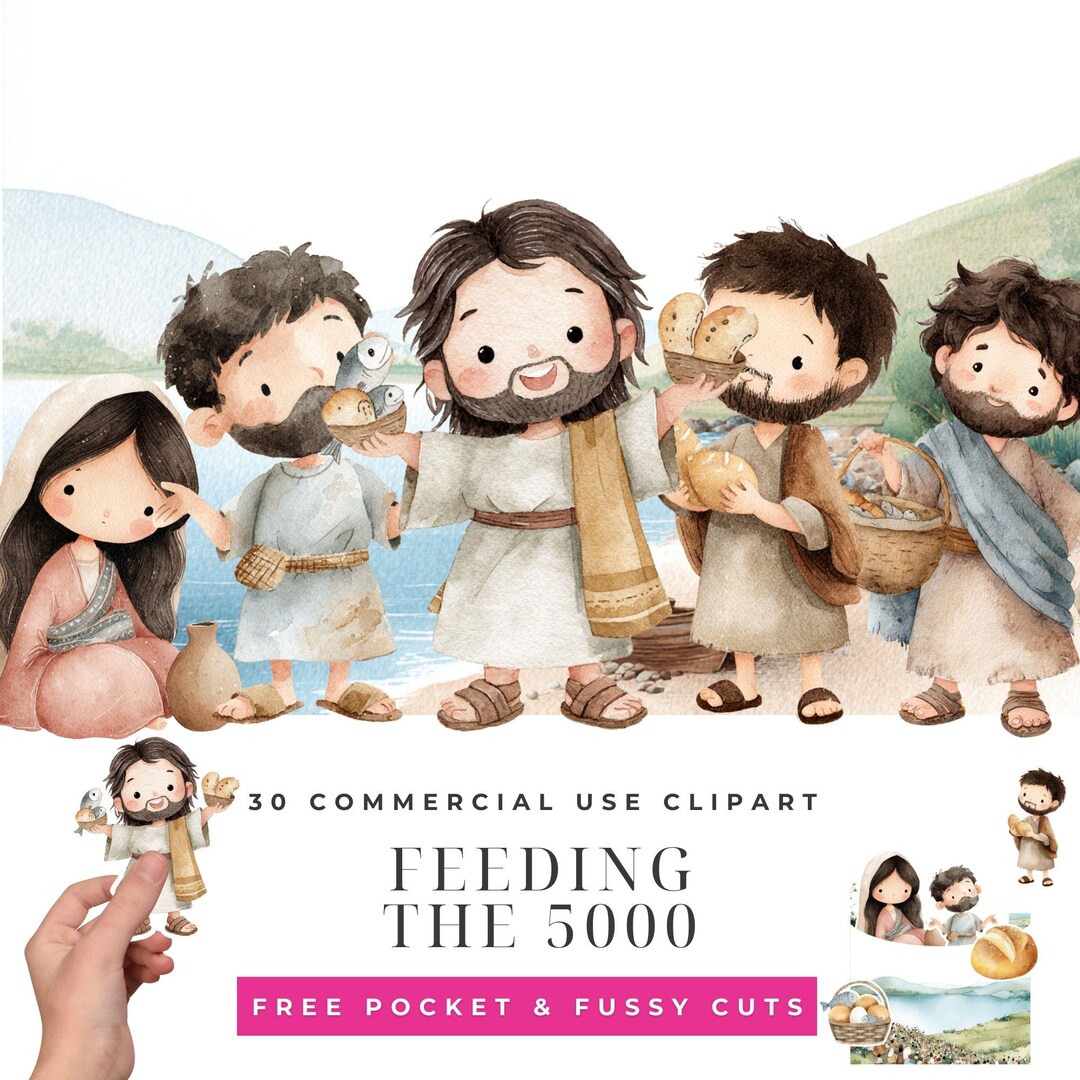 Feeding the 5000 Bible Story Clipart Bundle, Jesus Miracle Illustration ...