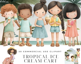 Tropical ice cream cart watercolor clipart bundle, fruity popsicle summer illustration for crafting, beach treat cone graphics for creatives