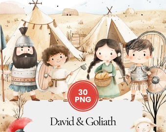 Puede incluir: Un conjunto de 30 ilustraciones digitales con personajes de la historia bíblica de David y Goliat. Las ilustraciones están en estilo acuarela y representan a David, Goliat y otros personajes de la historia. Las ilustraciones son perfectas para usar en libros infantiles, materiales educativos o para proyectos personales.