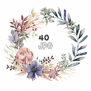 Bloemenkrans gedempte kleuren clipart - 40 hoge kwaliteit JPG's - digitale planner, junk journaling, aquarel, commercieel gebruik, digitale download