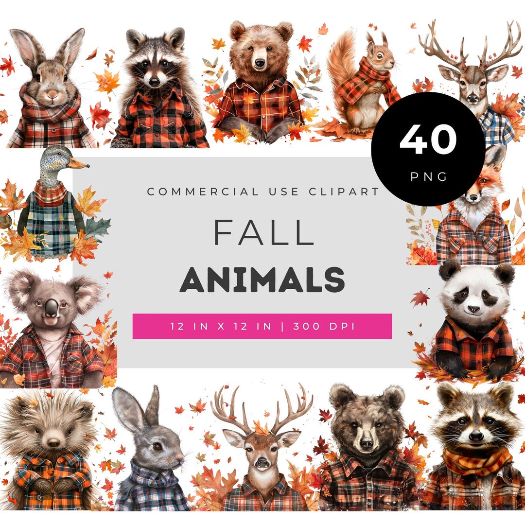 Watercolor Fall Animals Clipart Set in Plaid Shirts, Woodland Autumn ...