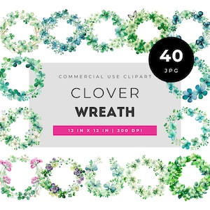 Watercolor clover wreath clipart bundle with green floral frames for invitations scrapbooking St Patrick crafts and DIY projects JPG set