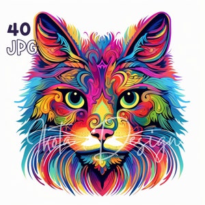 Clipart gatto psichedelico - 40 JPG di alta qualità - Pianificatore digitale, Junk Journaling, Acquerello, Arte della parete, Uso commerciale, Download digitale