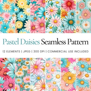Puede incluir: Doce patrones sin costuras con margaritas pastel en varios colores, incluyendo rosa, azul, amarillo y blanco, sobre un fondo azul claro. El texto "Pastel Daisies Seamless Pattern" se muestra sobre los patrones, y el texto "12 ELEMENTS | JPEG | 300 DPI | COMMERCIAL USE INCLUDED" se muestra debajo de los patrones.