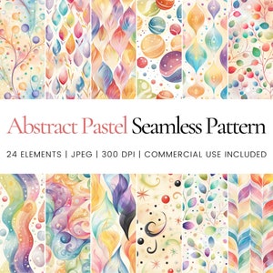 Puede incluir: Un conjunto de 24 patrones digitales sin costuras que presentan diseños abstractos en colores pastel. Los patrones incluyen varias formas, como hojas, espirales y puntos, en una variedad de colores pastel, incluyendo rosa, azul, verde y amarillo. Los patrones son perfectos para usar en scrapbooking digital, manualidades y otros proyectos creativos.