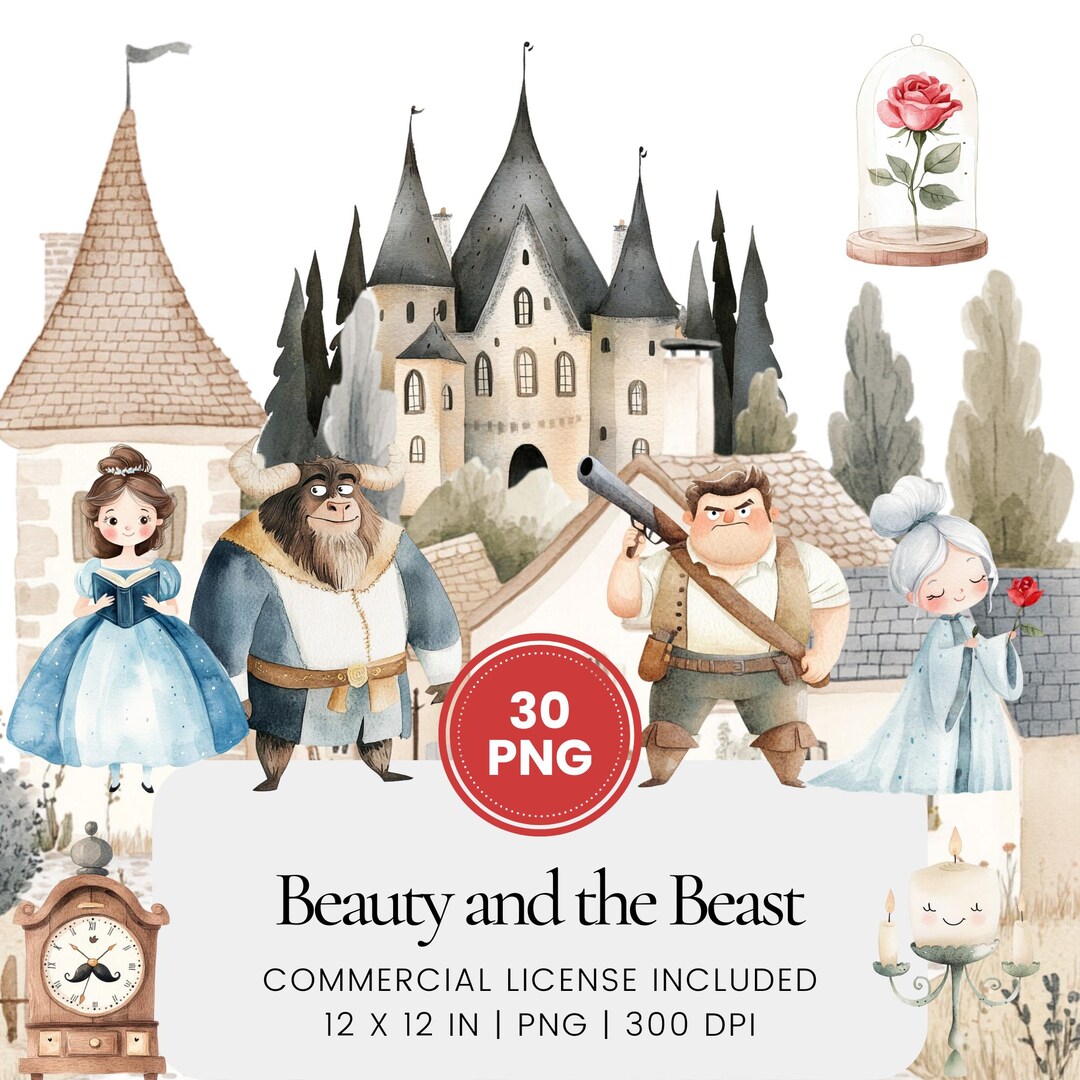 Beauty and the Beast Clipart, Watercolor Fairytale PNG Bundle With ...