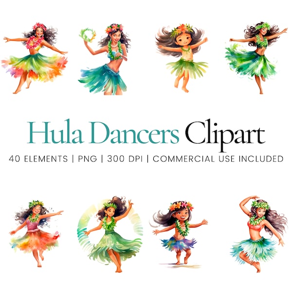 Hula Dancer Clipart - 40 High Quality PNGs - Digital Planner, Junk Journaling, Watercolor, Wall Art, Commercial Use, Digital Download