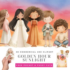 Puede incluir: Un conjunto de ilustraciones digitales con cinco personajes de dibujos animados diversos con peinados y ropa variados, incluyendo vestidos, camisas y pantalones cortos. El texto dice 30 COMMERCIAL USE CLIPART GOLDEN HOUR SUNLIGHT FREE POCKET & FUSSY CUTS.