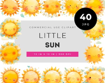 Cute Little Sun Clipart Bundle for Kids Crafts, Kawaii Sunshine Illustrations, Pastel JPG Stickers for Scrapbooking and Nursery Printables