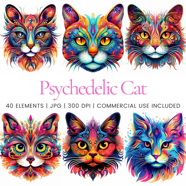 Psychedelic Cat Clipart - 40 High Quality JPGs - Digital Planner, Junk Journaling, Watercolor, Wall Art, Commercial Use, Digital Download