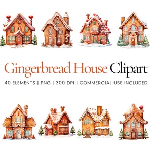 Gingerbread House Clipart - 40 High Quality PNGs - Digital Planner, Junk Journaling, Watercolor, Commercial Use, Digital Download