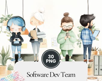 Clipart-Set für Softwareentwickler, geeignet für Tech-Teams, Illustrationen für Programmierarbeitsplätze, Grafiken für Programmiererbüros, Planer für digitale Kreativpakete