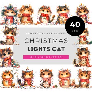 Christmas cat clipart, festive kitten png set, cute cat with christmas lights watercolor art, holiday pet illustration pack for crafts