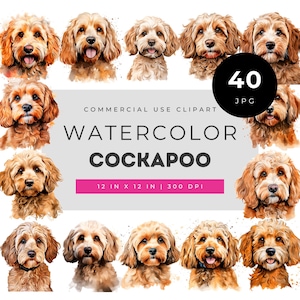Watercolor cockapoo clipart, cockapoo dog illustration, cute cockapoo portraits, puppy watercolor art, dog breed clipart set, whimsical pet