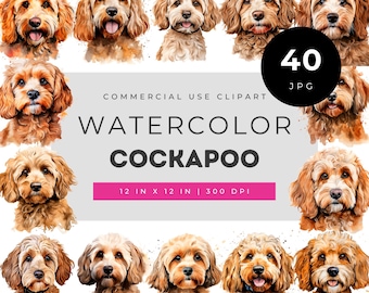 Watercolor cockapoo clipart, cockapoo dog illustration, cute cockapoo portraits, puppy watercolor art, dog breed clipart set, whimsical pet