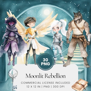 Puede incluir: Un conjunto de ilustraciones digitales de 30 archivos PNG que presenta cuatro personajes en un entorno de fantasía. Los personajes incluyen una criatura parecida a un lobo, un personaje femenino con alas, un personaje masculino con una espada y un personaje femenino con una capa oscura. La ilustración está realizada en estilo acuarela e incluye una luna y estrellas en el fondo. El texto "Moonlit Rebellion" y "Licencia comercial incluida" también está incluido en la imagen.